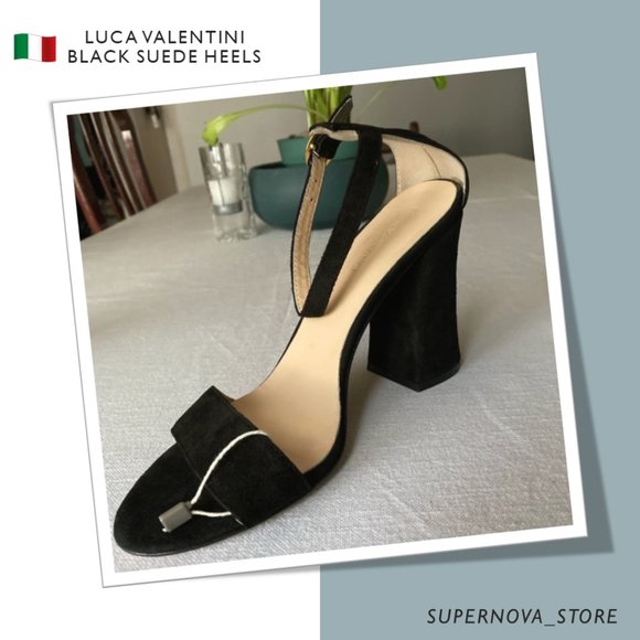 🇮🇹 Luca Valentini Black Suede Block Heel Strap - Picture 1 of 14